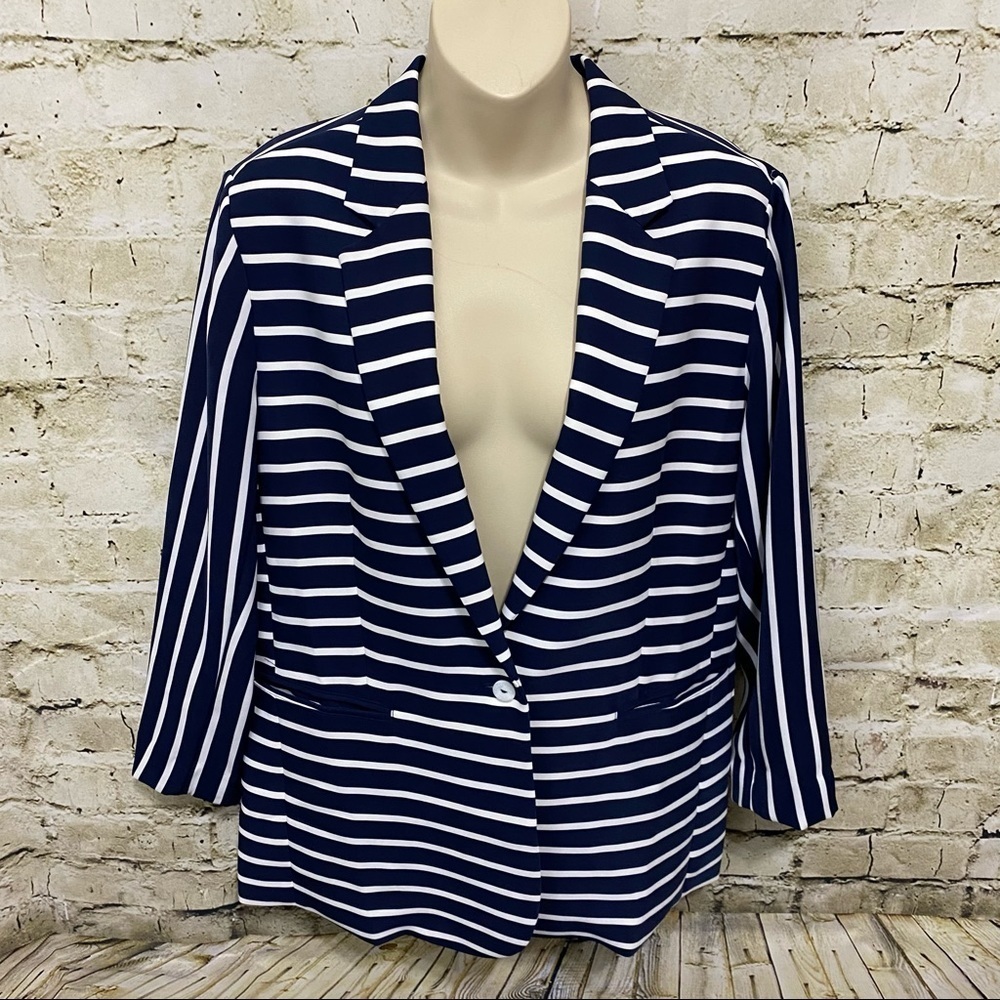 Foxcroft Blue White Striped Unlined One Button Blazer Jacket